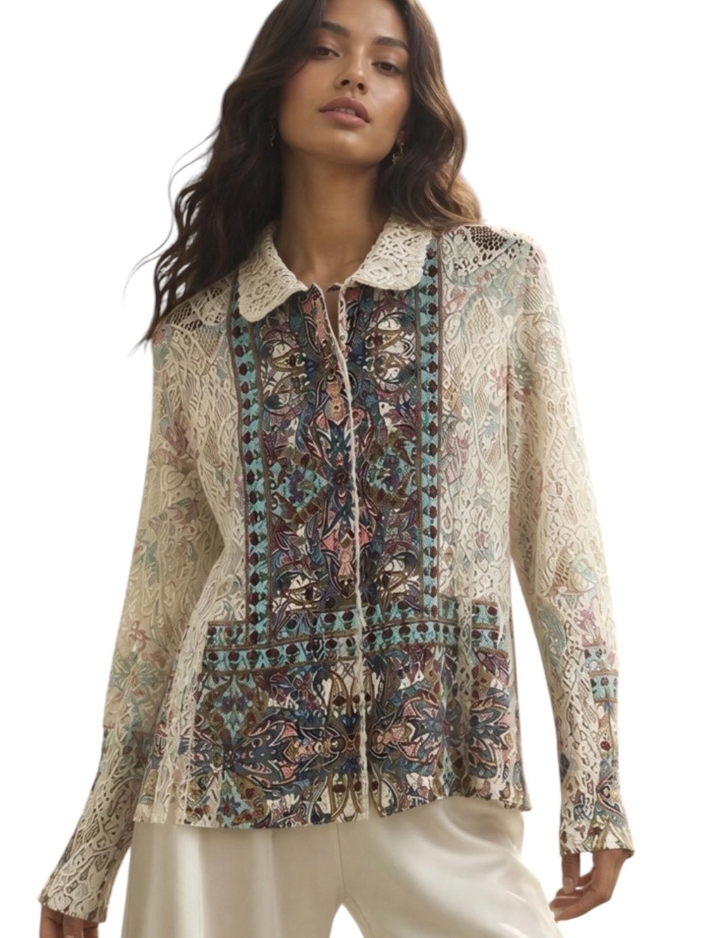 Origami by Vivien Crochet Lace Button-Up Top